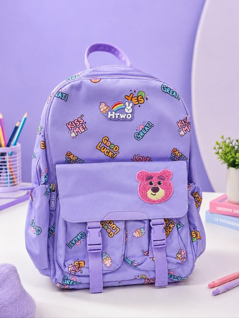 Kids Purple Backpack with Cute Bear Patch And Keychain